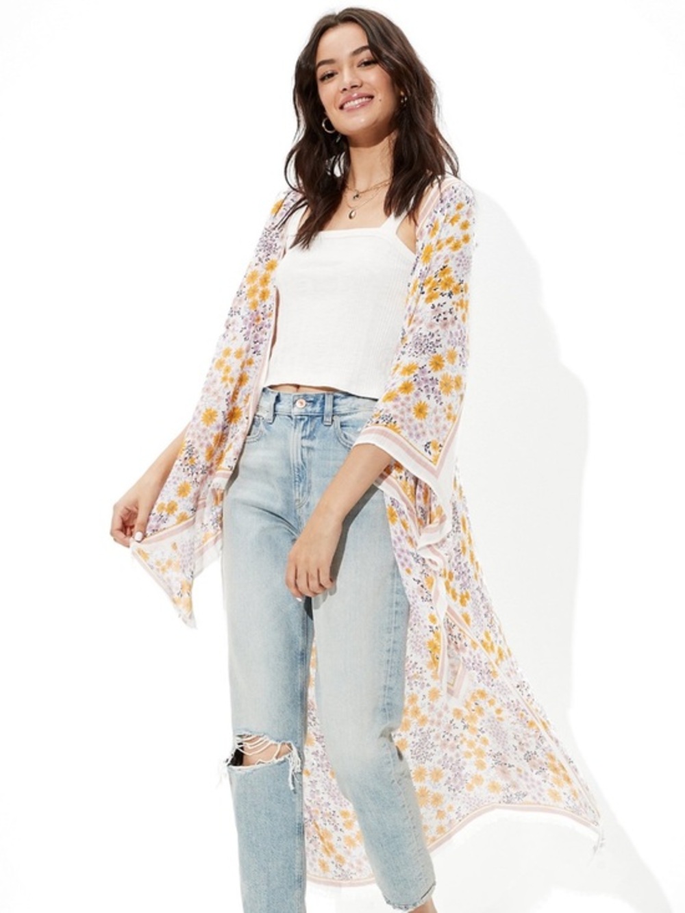 American Eagle Boho Floral Kimono Duster Festival Beach Cover Up One Size
